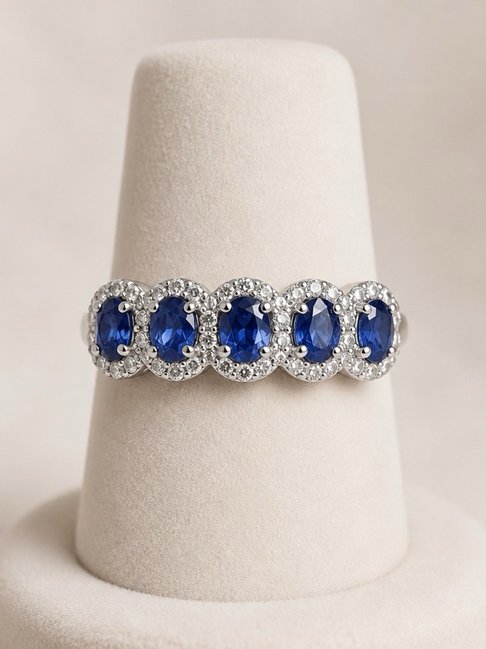 Midnight Ocean 10K White Gold Five-Stone Blue Sapphire Halo Ring